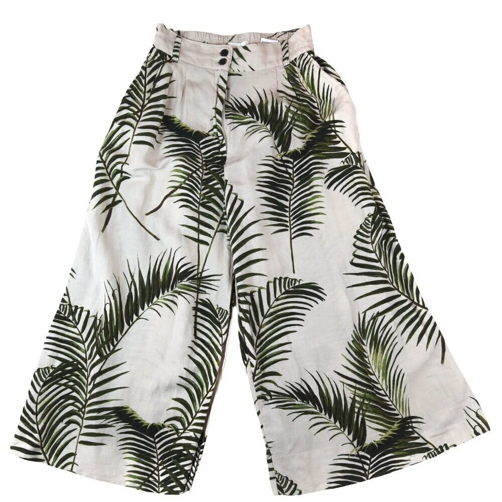 Palm Print Extra Wide Leg Linen Trousers Tropical Resort Boho Cropped Pants Sz 6